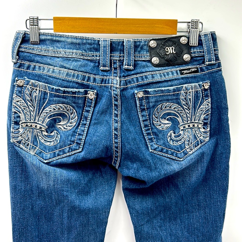 MISS ME JEANS BOOT WOMEN SIZE 28x34.5 RHINESTONE POCKET DENIM BLUE JEANS